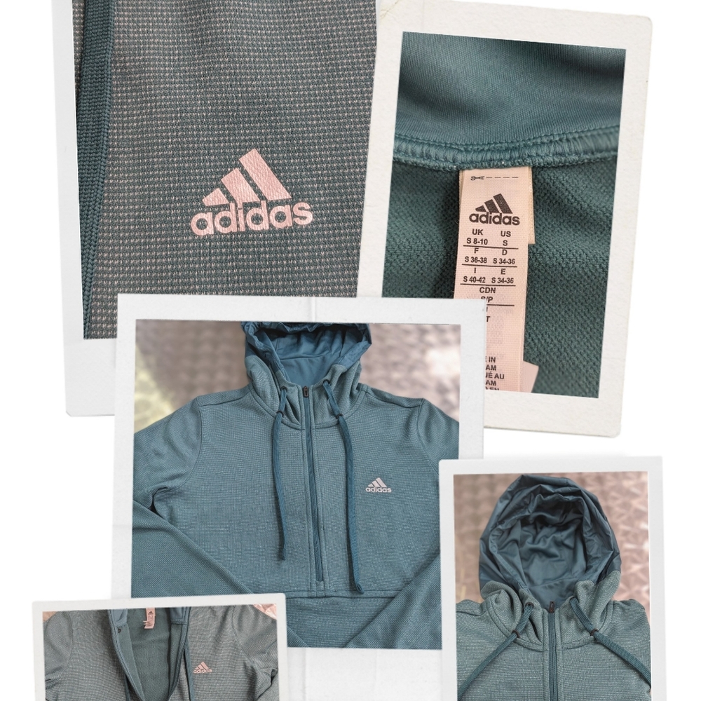 Adidas Women's S Climawarm Teal Half Zip Fleece & Windbreaker Hooded Pullover